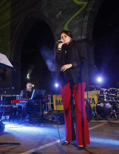 Cantante che si esibisce sul palco durante un concerto serale